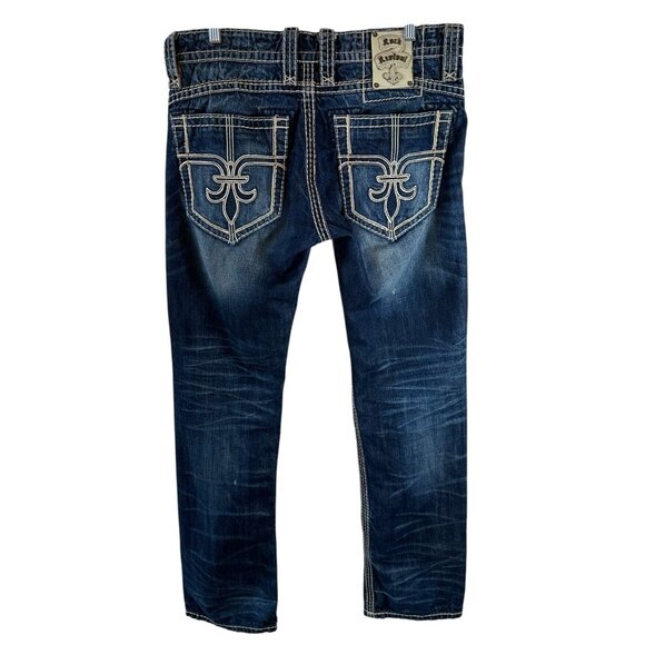 Rock Revival Quintus Slim Straight Jeans Fleur de Lis Pockets Y2K 34 x 33